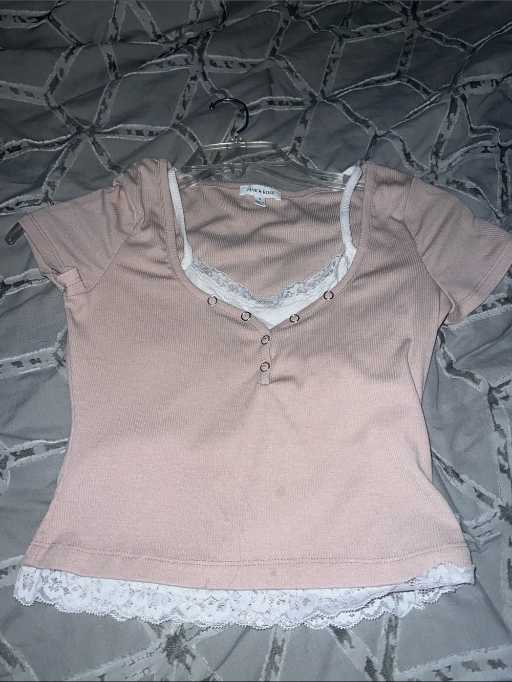 Pink Rose Blush Ribbed Lace-Trim Henley Crop Top